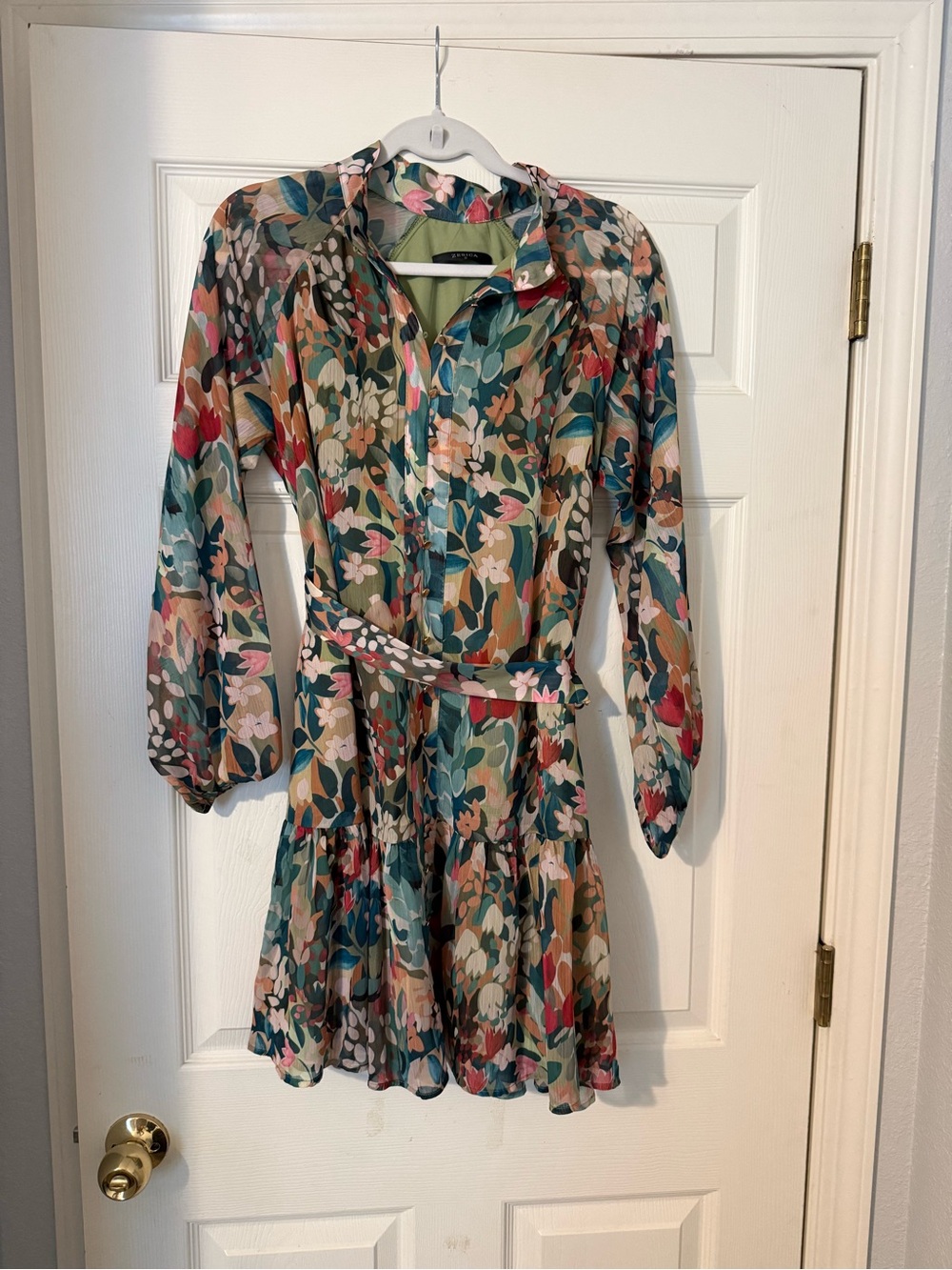 Floral Belted with Sheer Long-Sleeves -Dress in Teal Multi
